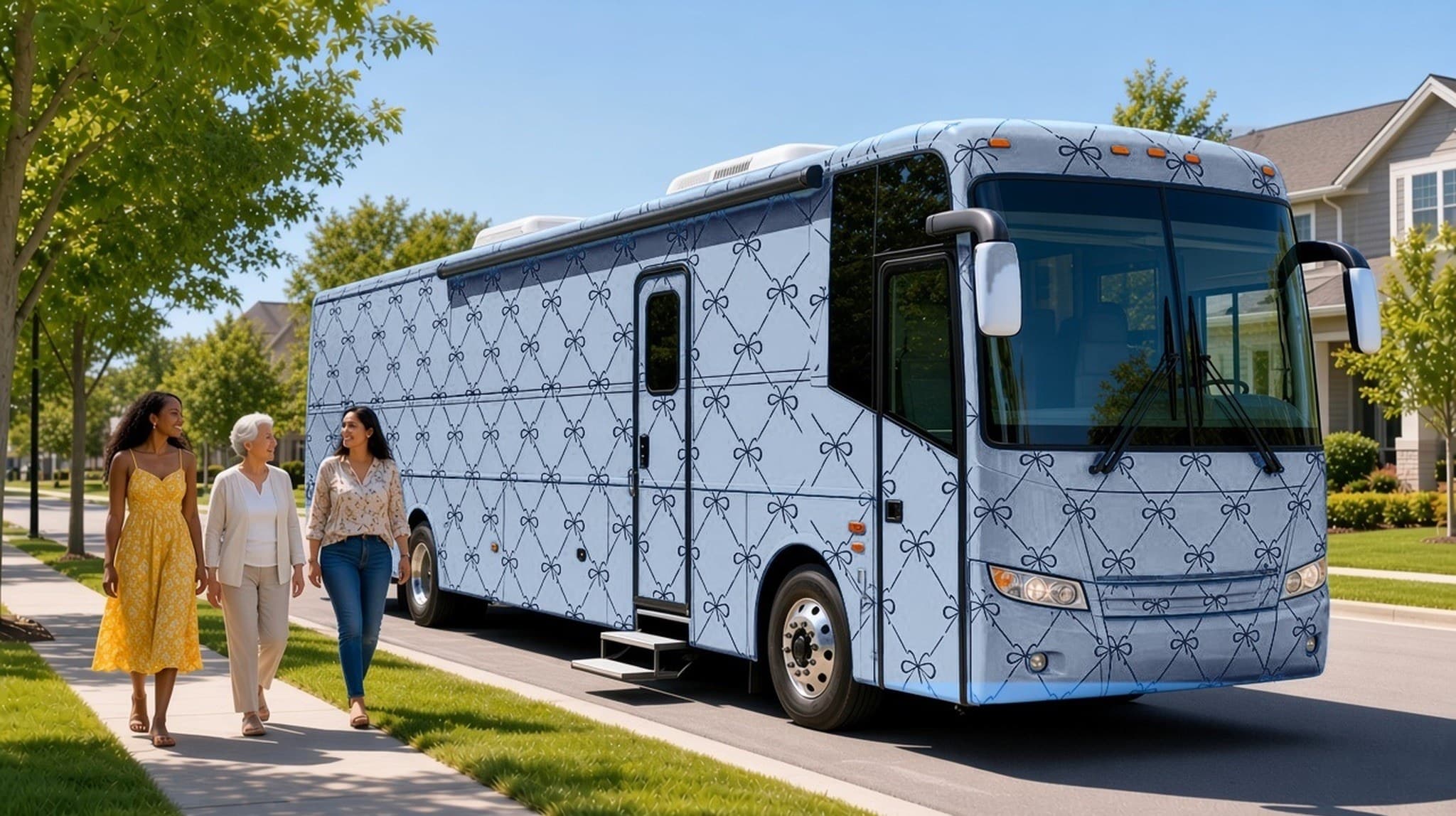 The Post mobile mammogram coach we hope to fund, wrapped in the Signature Bow print, on a neighborhood street